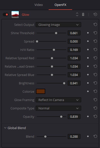 Resolve glow sunset settings